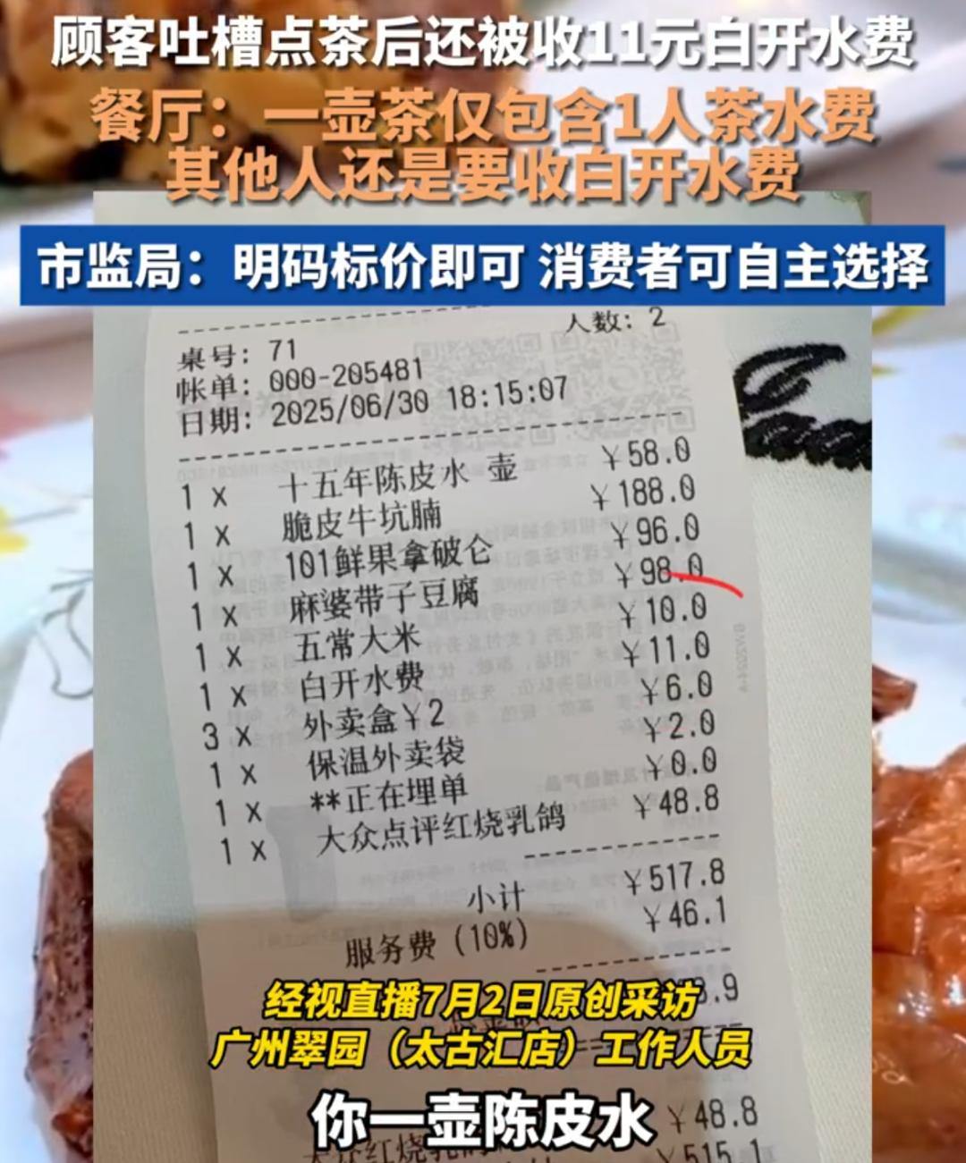 顧客吐槽被收白開水費,市監(jiān)局:11元白開水明碼標價即合規(guī)