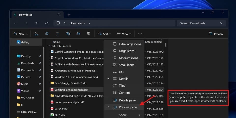 微軟證實:Win11 24H2/25H2文件管理器已禁用下載文件預覽功能 圖片